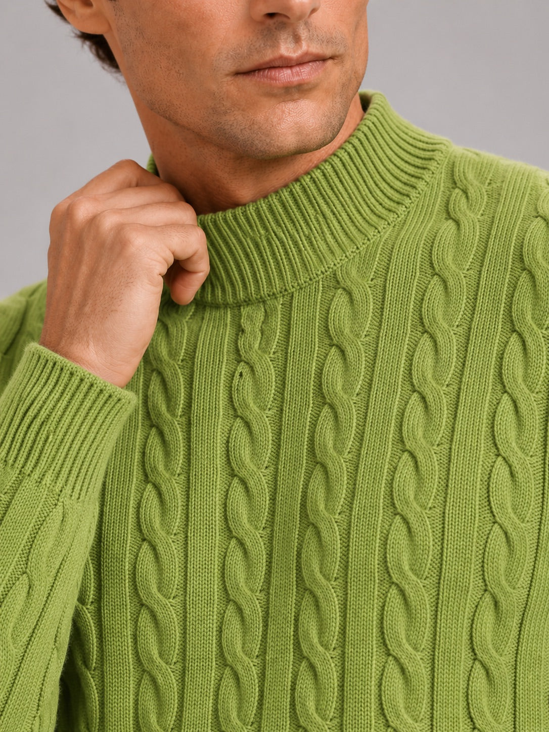 Men’s 100% Wool Cable Knit Mock Neck Jumper Warm Autumn Winter Pullover for Business Casual and Everyday Wear