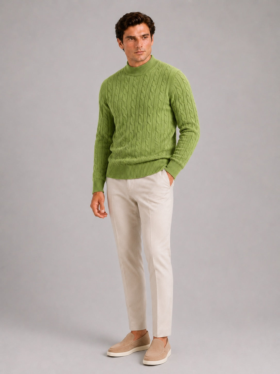 Men’s 100% Wool Cable Knit Mock Neck Jumper Warm Autumn Winter Pullover for Business Casual and Everyday Wear