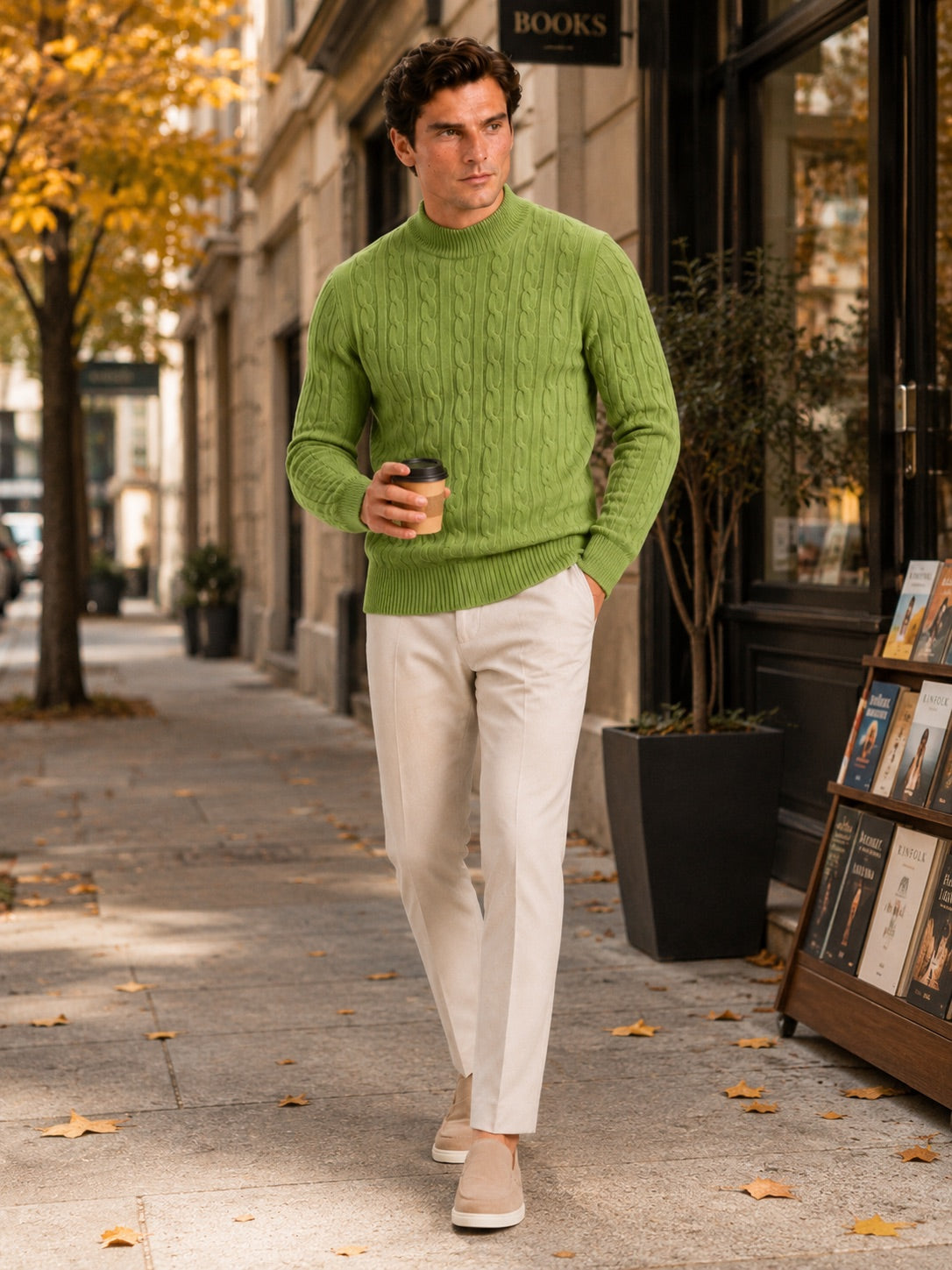 Men’s 100% Wool Cable Knit Mock Neck Jumper Warm Autumn Winter Pullover for Business Casual and Everyday Wear