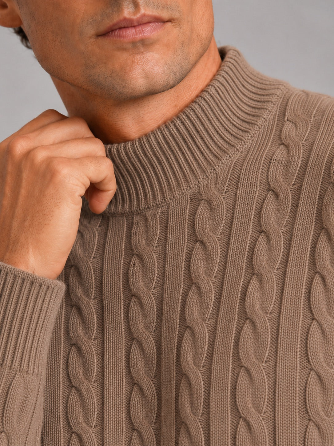 Men’s 100% Wool Cable Knit Mock Neck Jumper Warm Autumn Winter Pullover for Business Casual and Everyday Wear