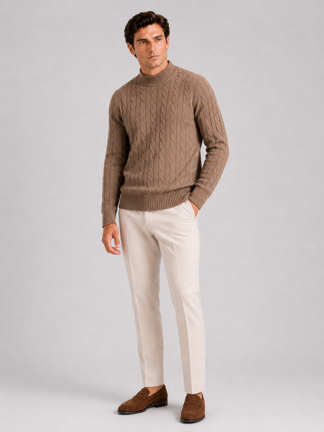 Men’s 100% Wool Cable Knit Mock Neck Jumper Warm Autumn Winter Pullover for Business Casual and Everyday Wear