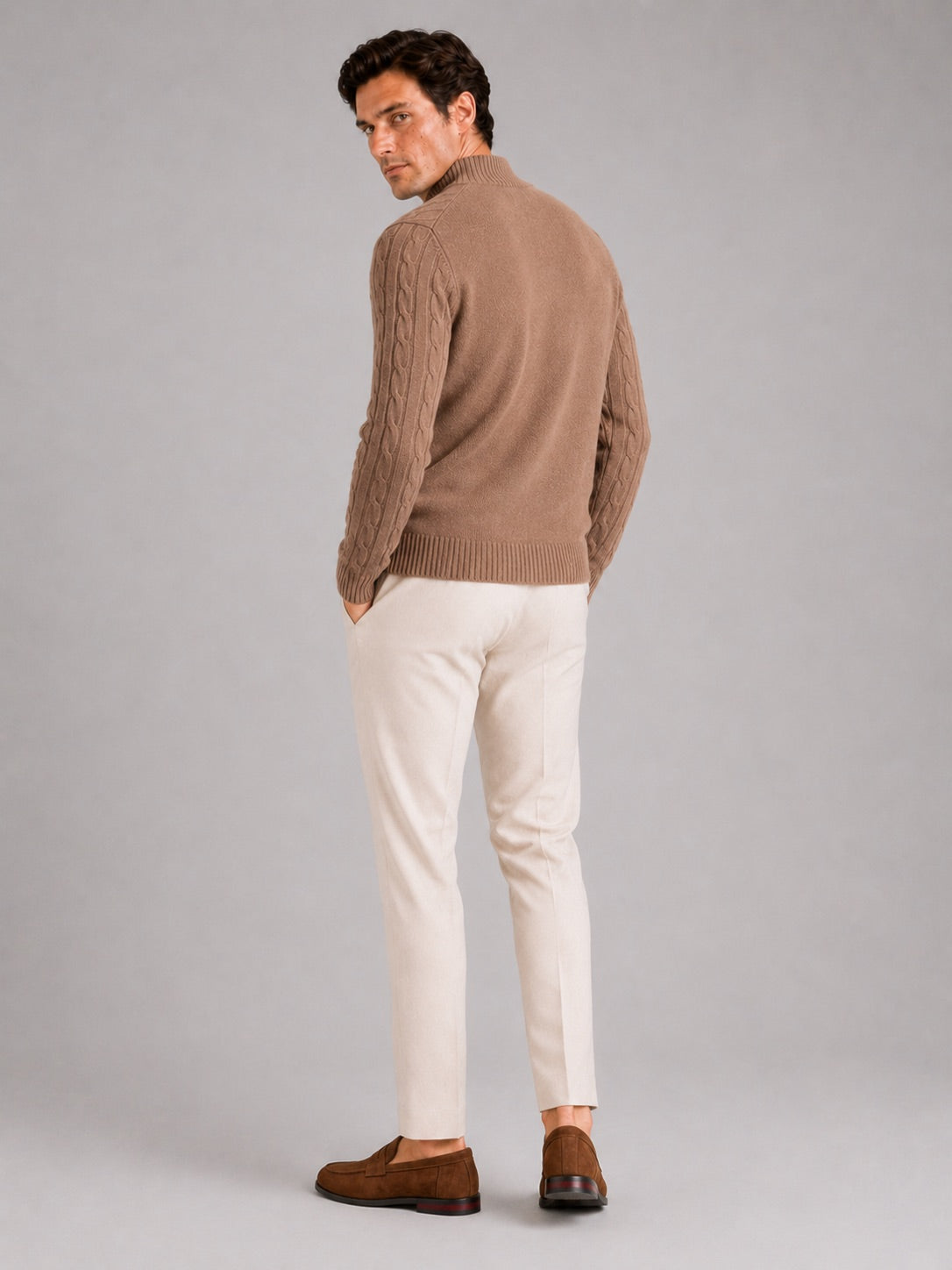 Men’s 100% Wool Cable Knit Mock Neck Jumper Warm Autumn Winter Pullover for Business Casual and Everyday Wear