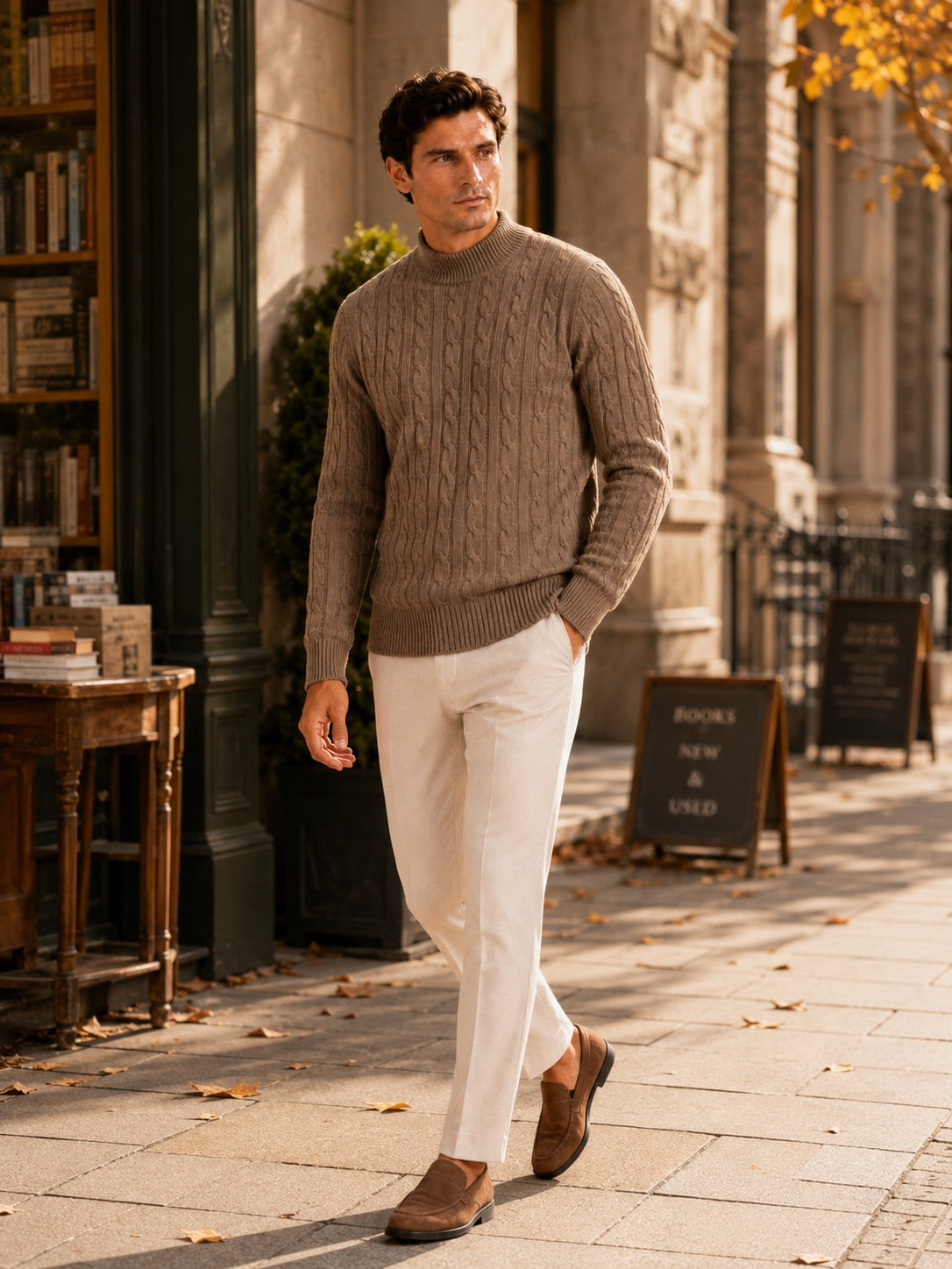 Men’s 100% Wool Cable Knit Mock Neck Jumper Warm Autumn Winter Pullover for Business Casual and Everyday Wear