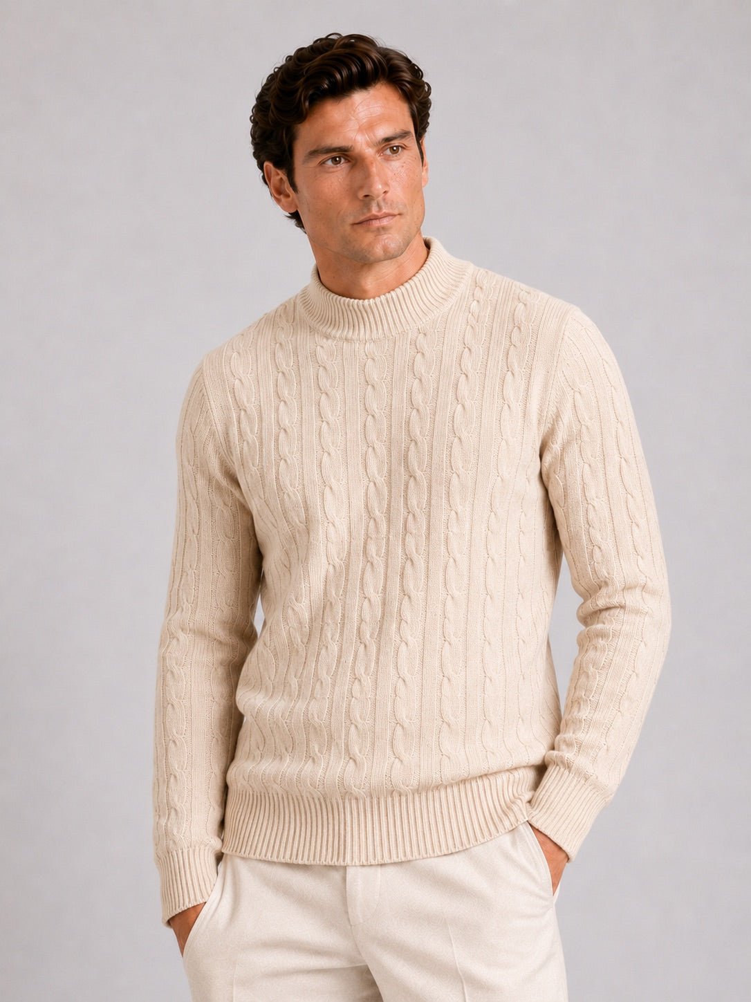 Men’s 100% Wool Cable Knit Mock Neck Jumper Warm Autumn Winter Pullover for Business Casual and Everyday Wear