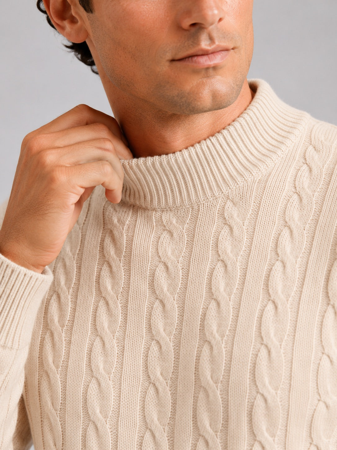 Men’s 100% Wool Cable Knit Mock Neck Jumper Warm Autumn Winter Pullover for Business Casual and Everyday Wear