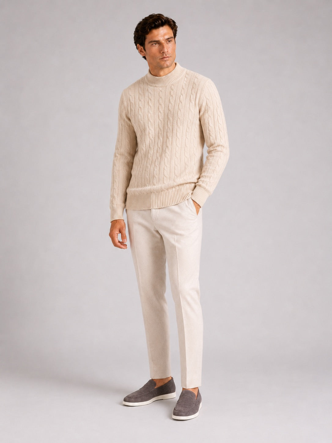 Men’s 100% Wool Cable Knit Mock Neck Jumper Warm Autumn Winter Pullover for Business Casual and Everyday Wear
