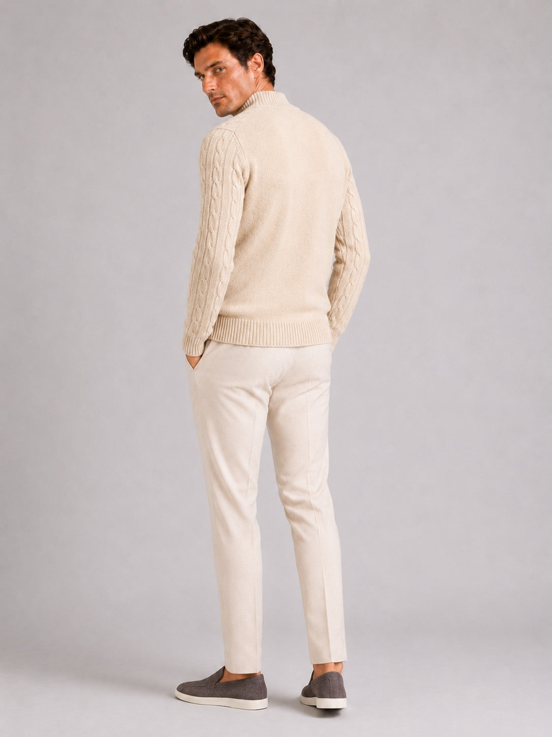 Men’s 100% Wool Cable Knit Mock Neck Jumper Warm Autumn Winter Pullover for Business Casual and Everyday Wear