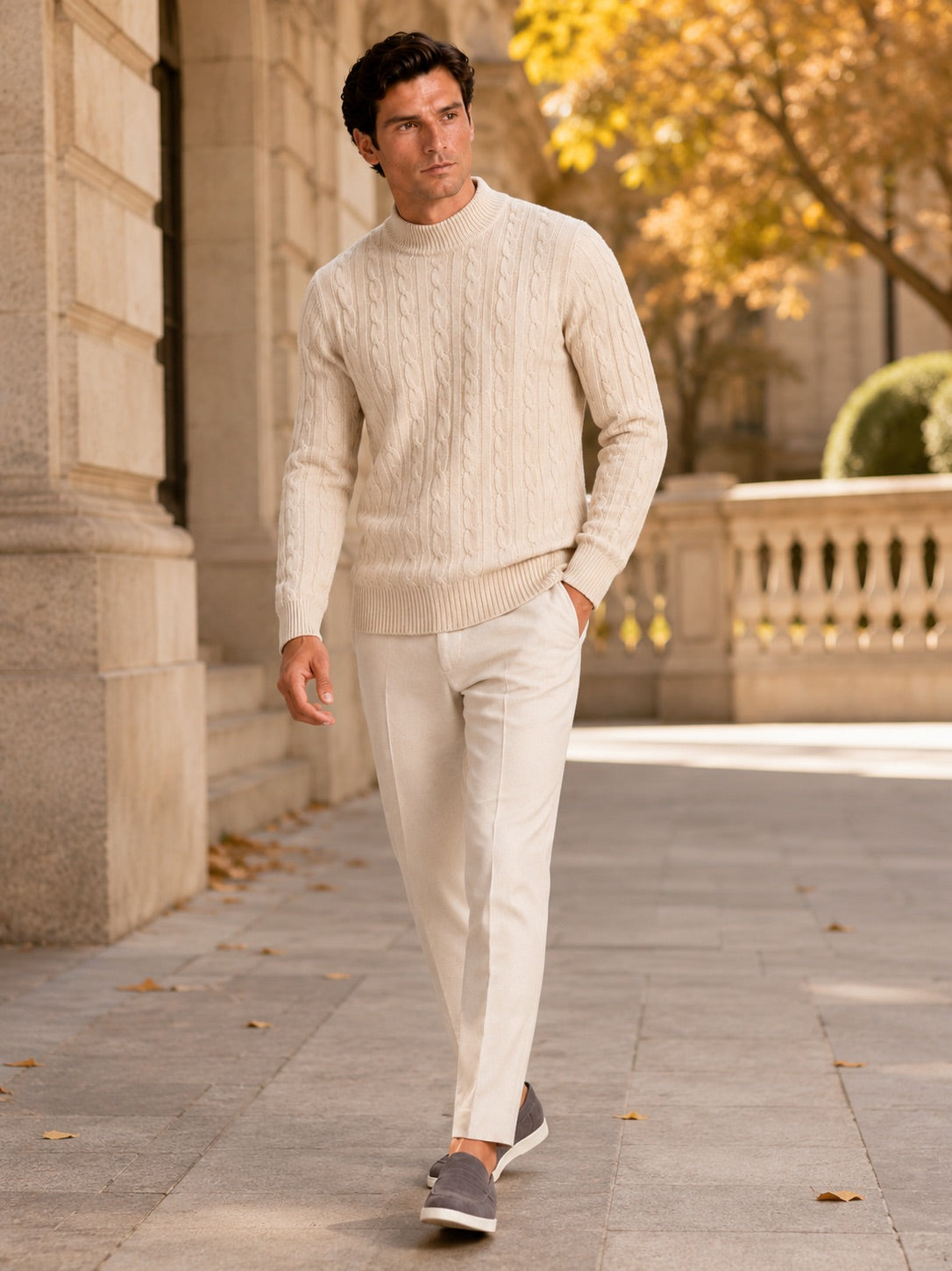Men’s 100% Wool Cable Knit Mock Neck Jumper Warm Autumn Winter Pullover for Business Casual and Everyday Wear