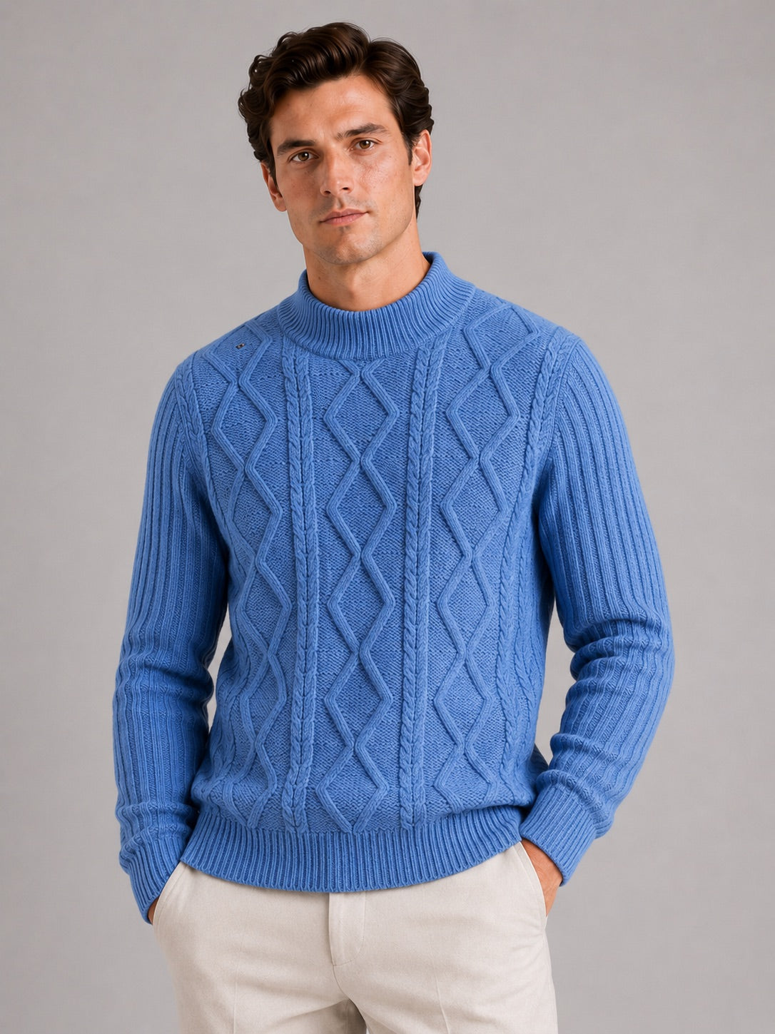 Men’s Cable Knit Mock Neck Jumper Jacquard Twist Texture Warm Autumn Winter Pullover for Business Casual and Everyday Wear