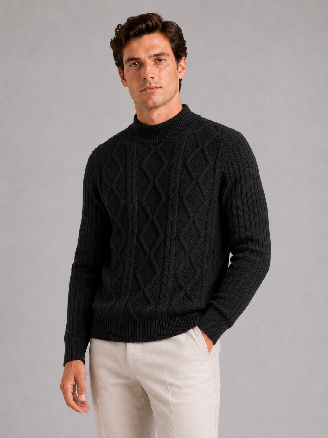 Men’s Cable Knit Mock Neck Jumper Jacquard Twist Texture Warm Autumn Winter Pullover for Business Casual and Everyday Wear