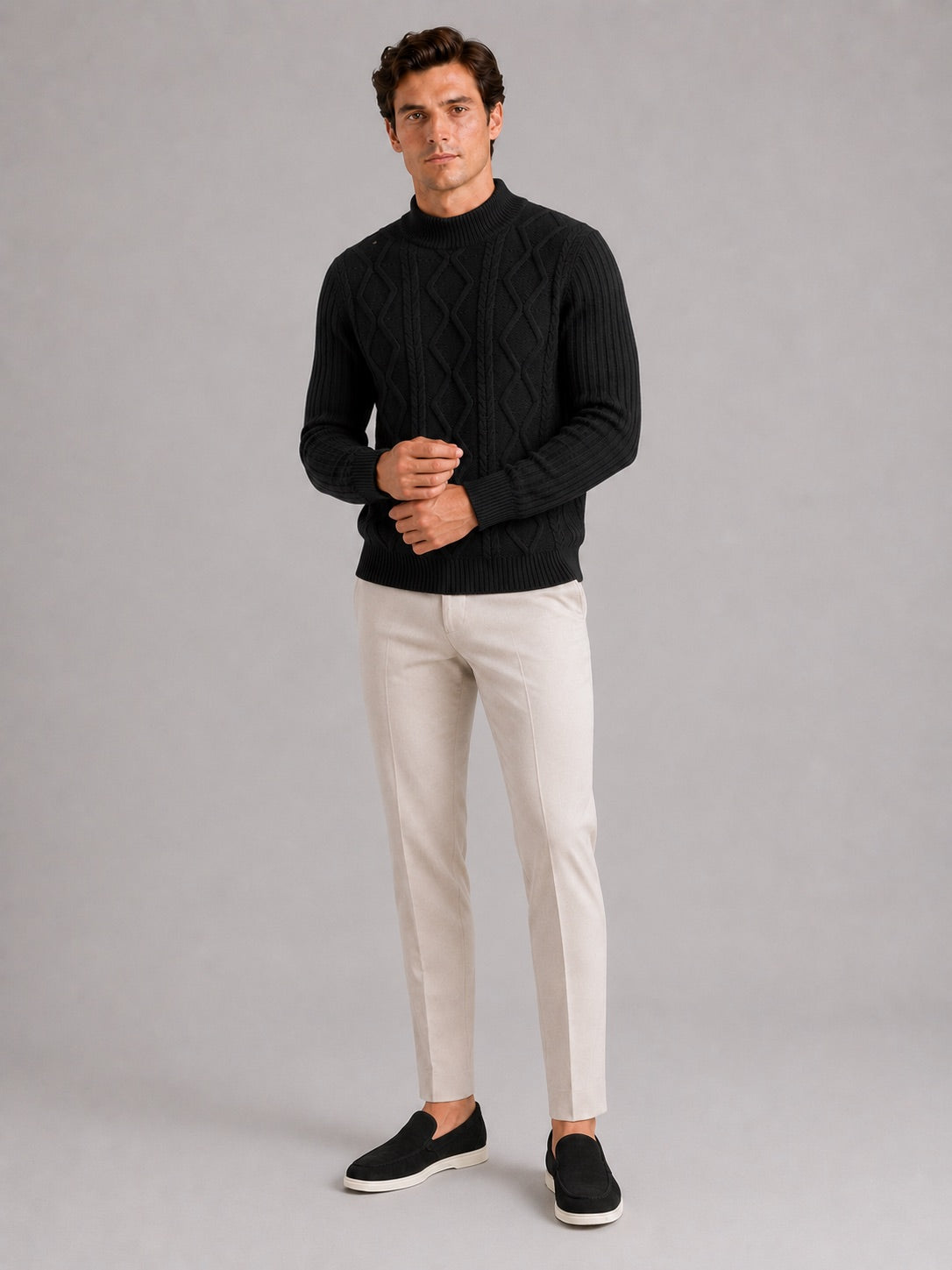 Men’s Cable Knit Mock Neck Jumper Jacquard Twist Texture Warm Autumn Winter Pullover for Business Casual and Everyday Wear