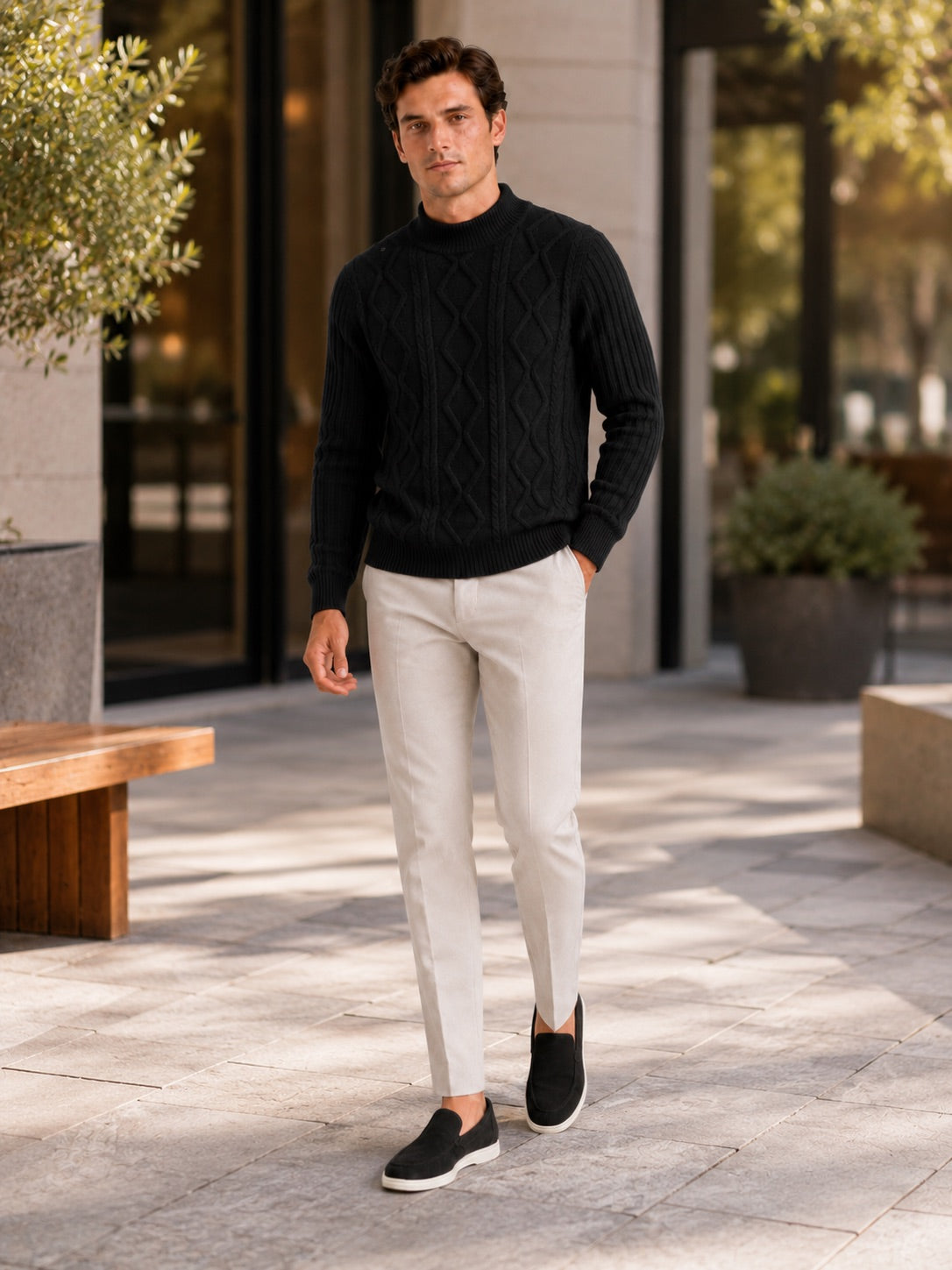 Men’s Cable Knit Mock Neck Jumper Jacquard Twist Texture Warm Autumn Winter Pullover for Business Casual and Everyday Wear
