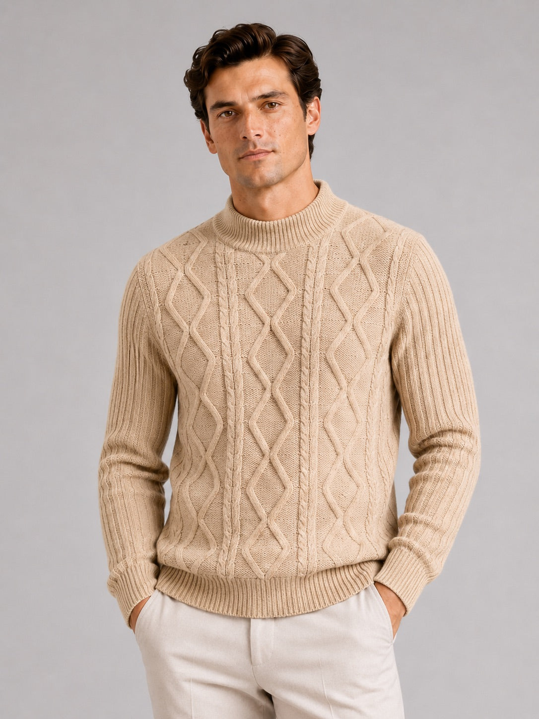 Men’s Cable Knit Mock Neck Jumper Jacquard Twist Texture Warm Autumn Winter Pullover for Business Casual and Everyday Wear