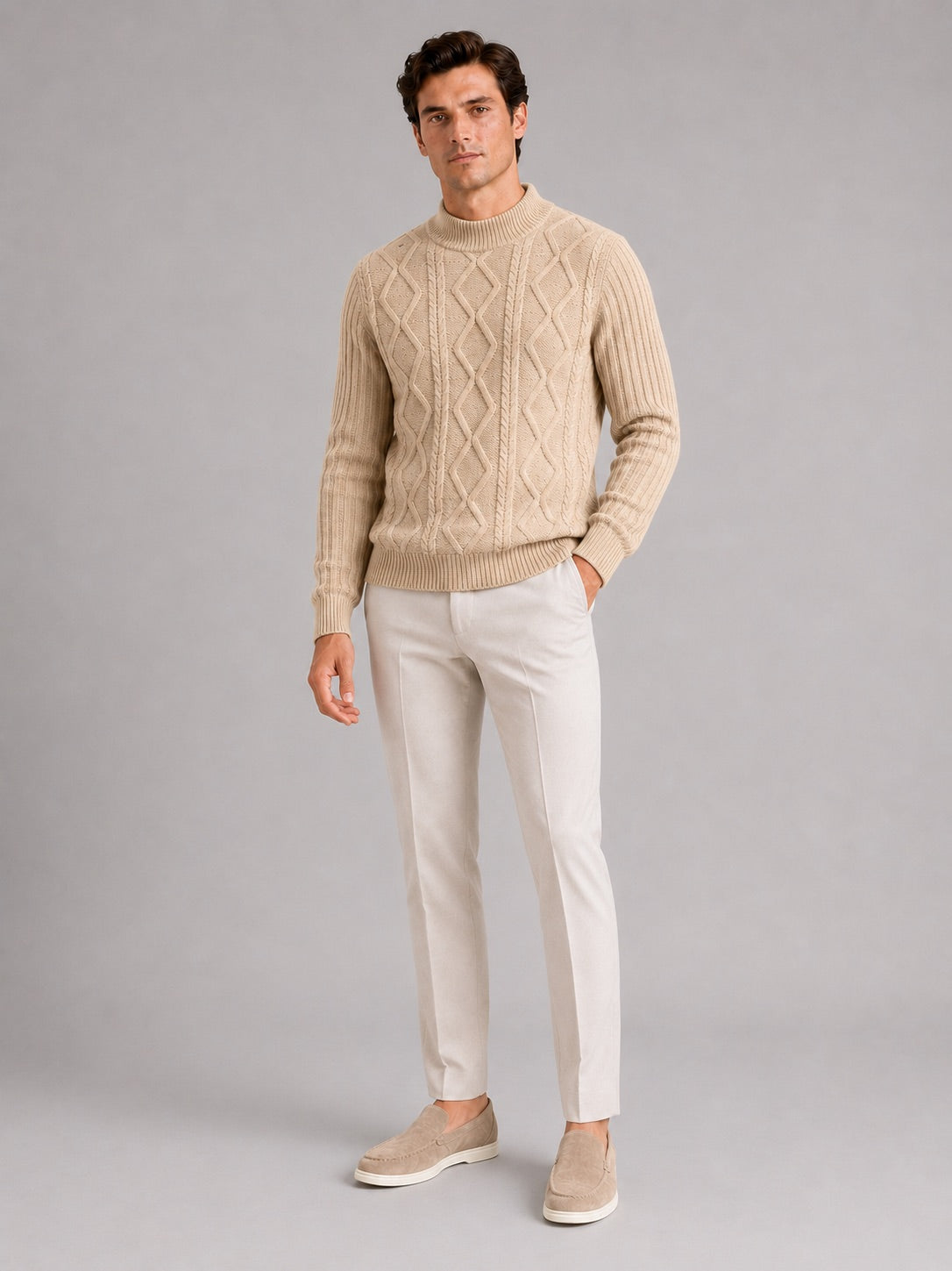 Men’s Cable Knit Mock Neck Jumper Jacquard Twist Texture Warm Autumn Winter Pullover for Business Casual and Everyday Wear