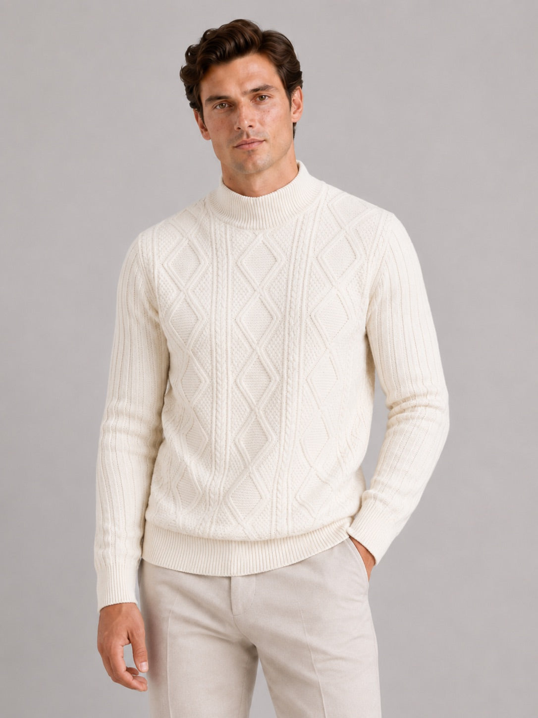 Men’s Cable Knit Mock Neck Jumper Jacquard Twist Texture Warm Autumn Winter Pullover for Business Casual and Everyday Wear