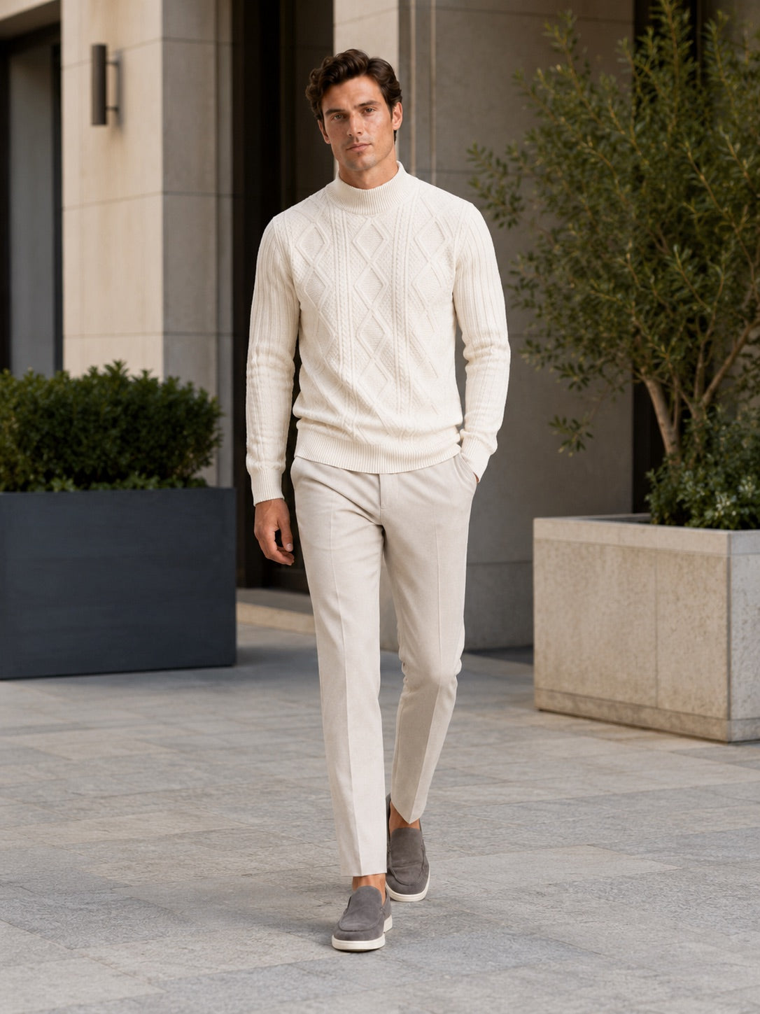 Men’s Cable Knit Mock Neck Jumper Jacquard Twist Texture Warm Autumn Winter Pullover for Business Casual and Everyday Wear