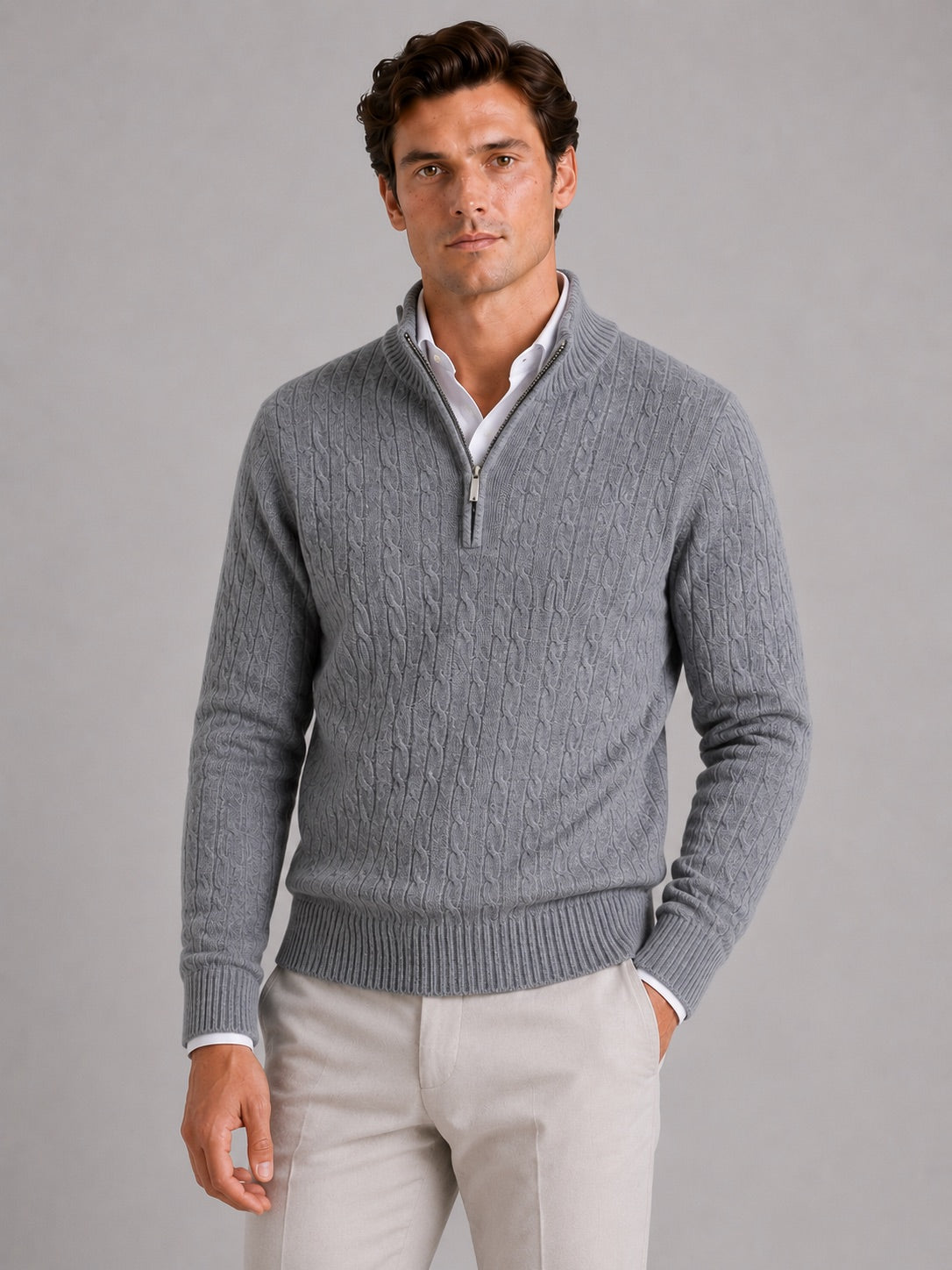 Men’s Cashmere Cable Knit Jumper Quarter Zip 100% Mock Neck Warm Autumn Winter Pullover for Business Casual and Everyday Wear