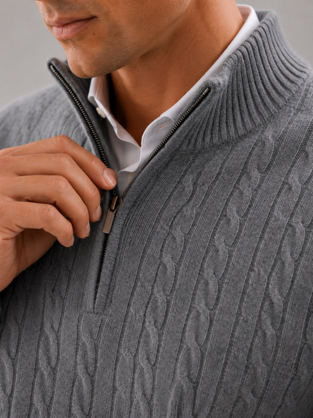 Men’s Cashmere Cable Knit Jumper Quarter Zip 100% Mock Neck Warm Autumn Winter Pullover for Business Casual and Everyday Wear