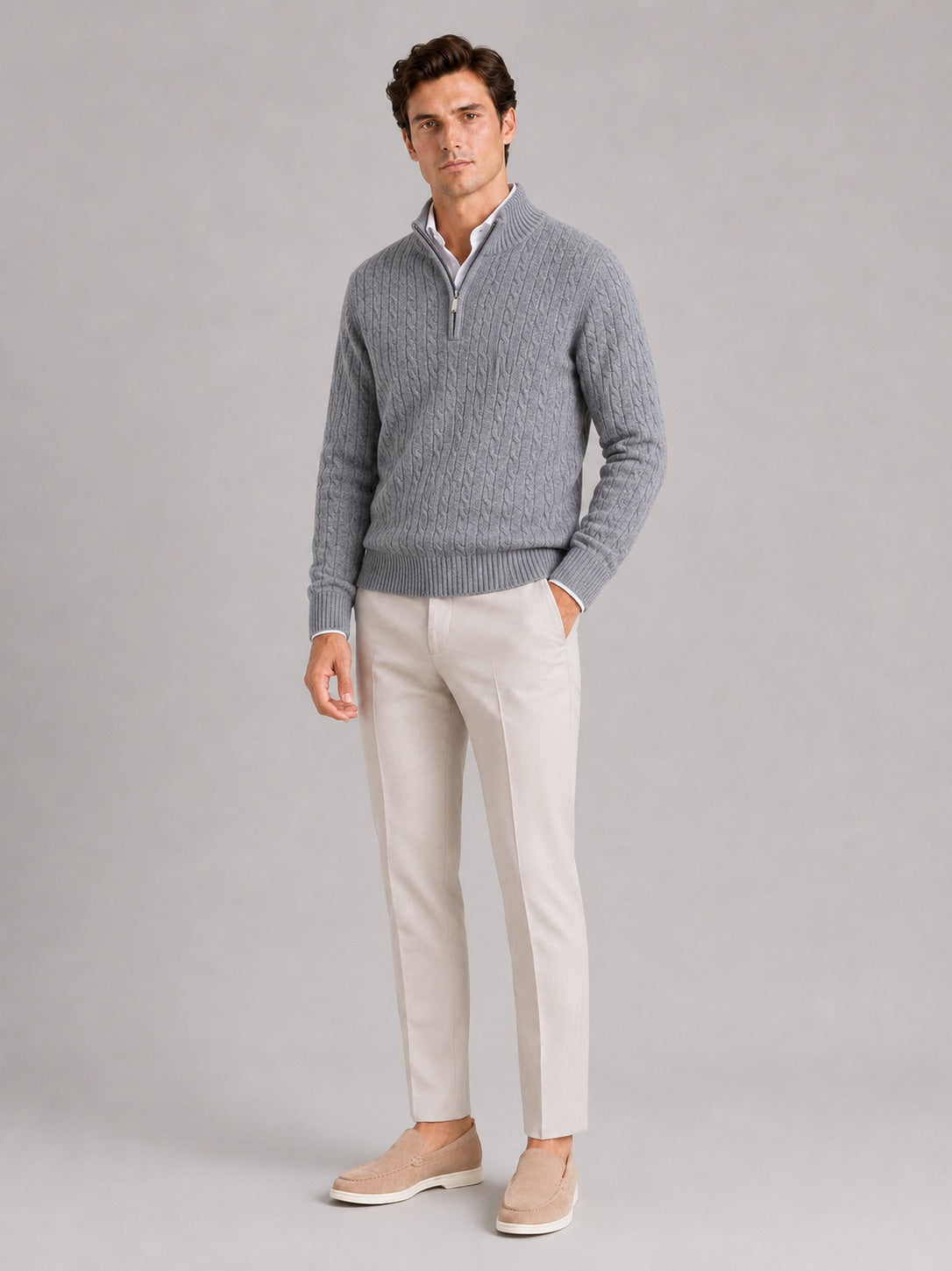 Men’s Cashmere Cable Knit Jumper Quarter Zip 100% Mock Neck Warm Autumn Winter Pullover for Business Casual and Everyday Wear