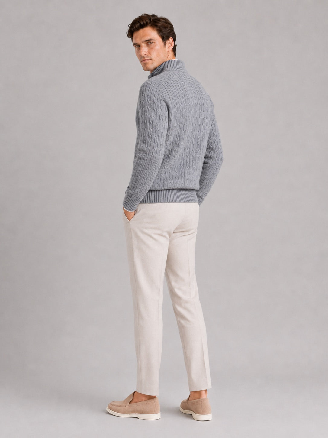 Men’s Cashmere Cable Knit Jumper Quarter Zip 100% Mock Neck Warm Autumn Winter Pullover for Business Casual and Everyday Wear
