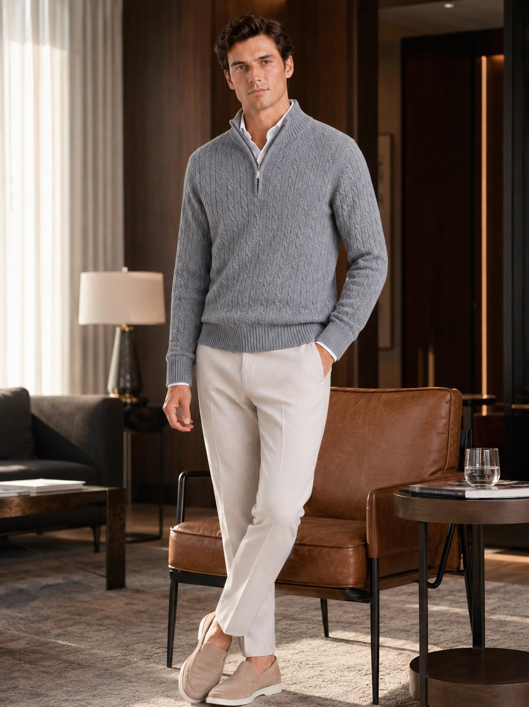 Men’s Cashmere Cable Knit Jumper Quarter Zip 100% Mock Neck Warm Autumn Winter Pullover for Business Casual and Everyday Wear