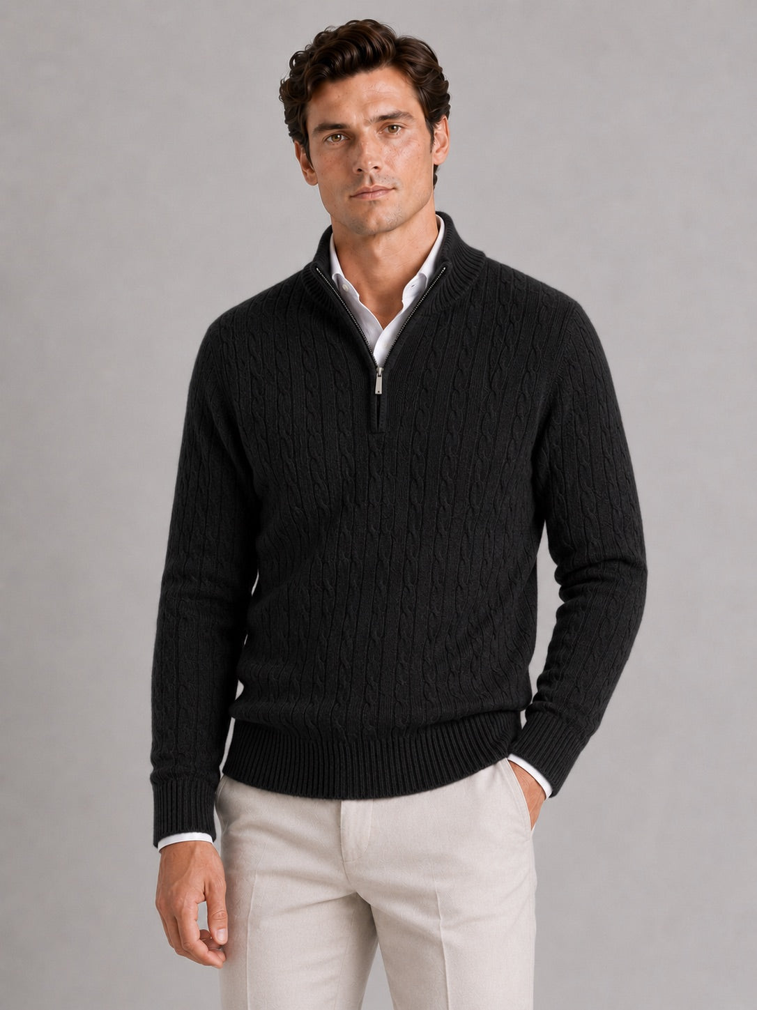 Men’s Cashmere Cable Knit Jumper Quarter Zip 100% Mock Neck Warm Autumn Winter Pullover for Business Casual and Everyday Wear
