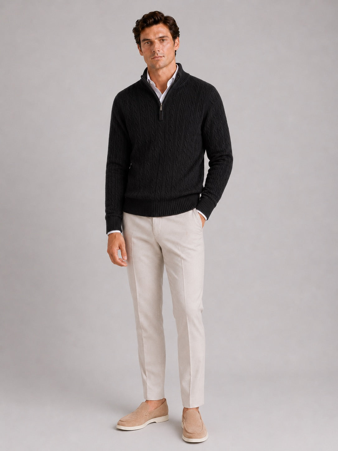 Men’s Cashmere Cable Knit Jumper Quarter Zip 100% Mock Neck Warm Autumn Winter Pullover for Business Casual and Everyday Wear