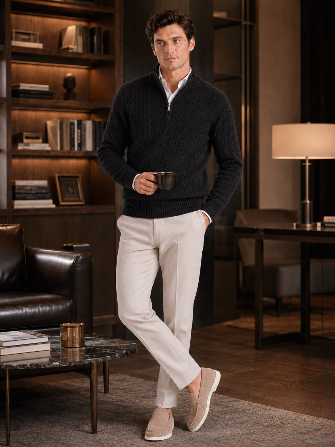 Men’s Cashmere Cable Knit Jumper Quarter Zip 100% Mock Neck Warm Autumn Winter Pullover for Business Casual and Everyday Wear