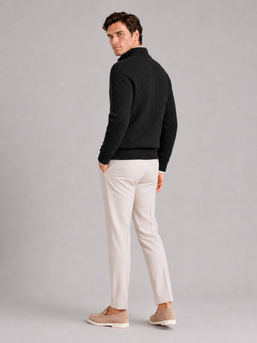 Men’s Cashmere Cable Knit Jumper Quarter Zip 100% Mock Neck Warm Autumn Winter Pullover for Business Casual and Everyday Wear