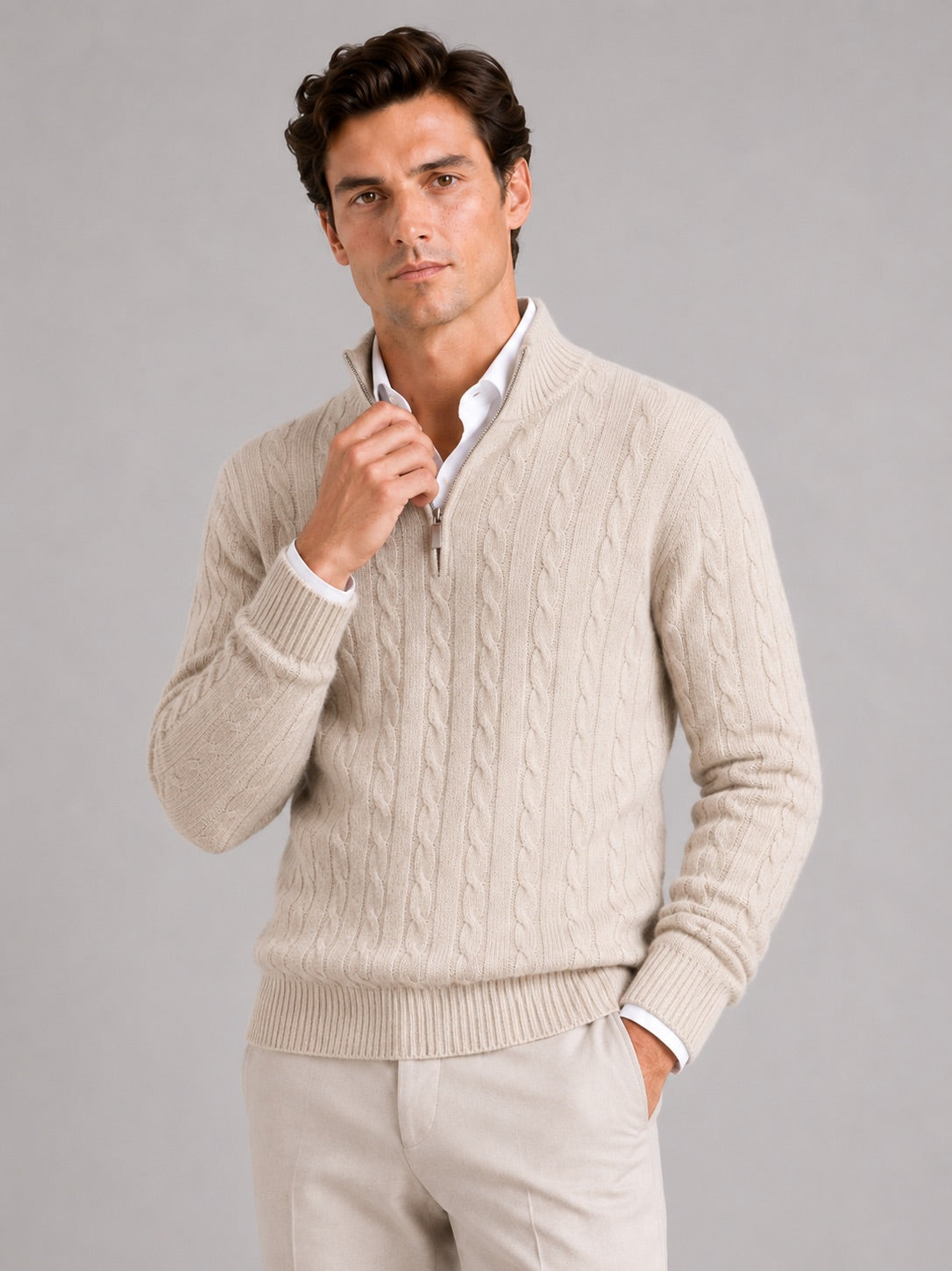 Men’s Cashmere Cable Knit Jumper Quarter Zip 100% Mock Neck Warm Autumn Winter Pullover for Business Casual and Everyday Wear