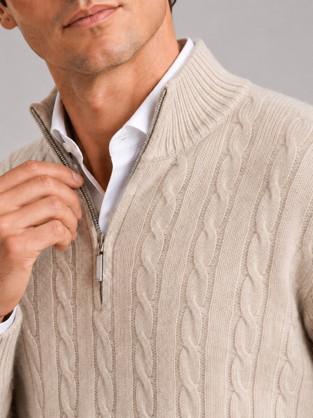 Men’s Cashmere Cable Knit Jumper Quarter Zip 100% Mock Neck Warm Autumn Winter Pullover for Business Casual and Everyday Wear