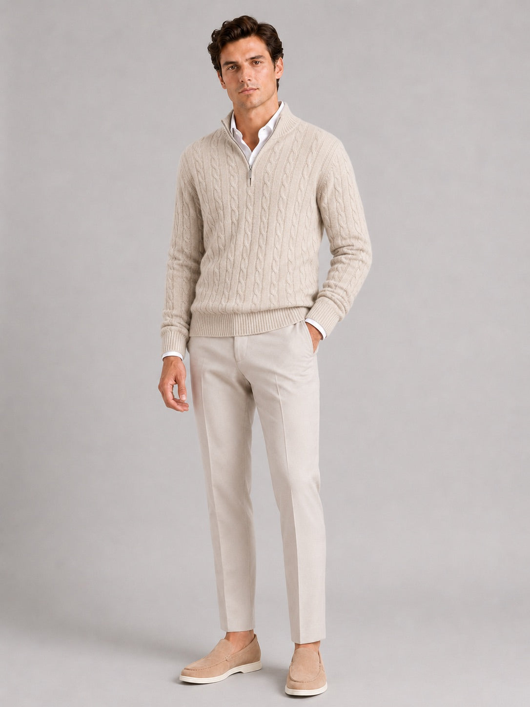 Men’s Cashmere Cable Knit Jumper Quarter Zip 100% Mock Neck Warm Autumn Winter Pullover for Business Casual and Everyday Wear