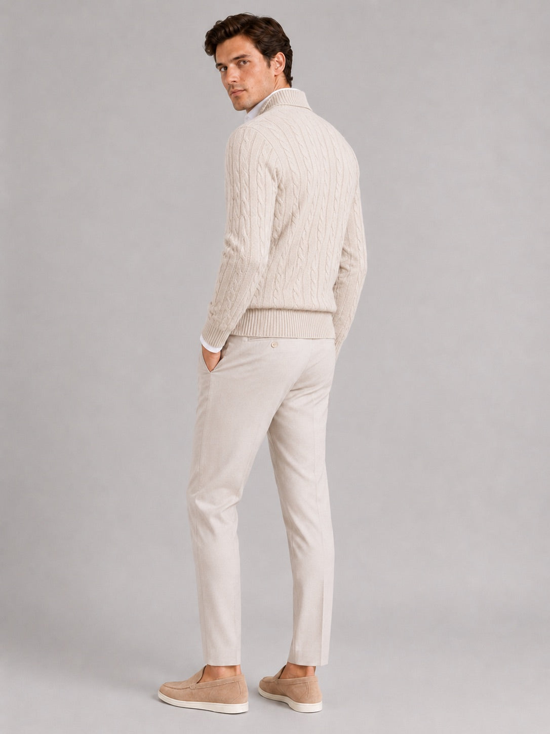 Men’s Cashmere Cable Knit Jumper Quarter Zip 100% Mock Neck Warm Autumn Winter Pullover for Business Casual and Everyday Wear