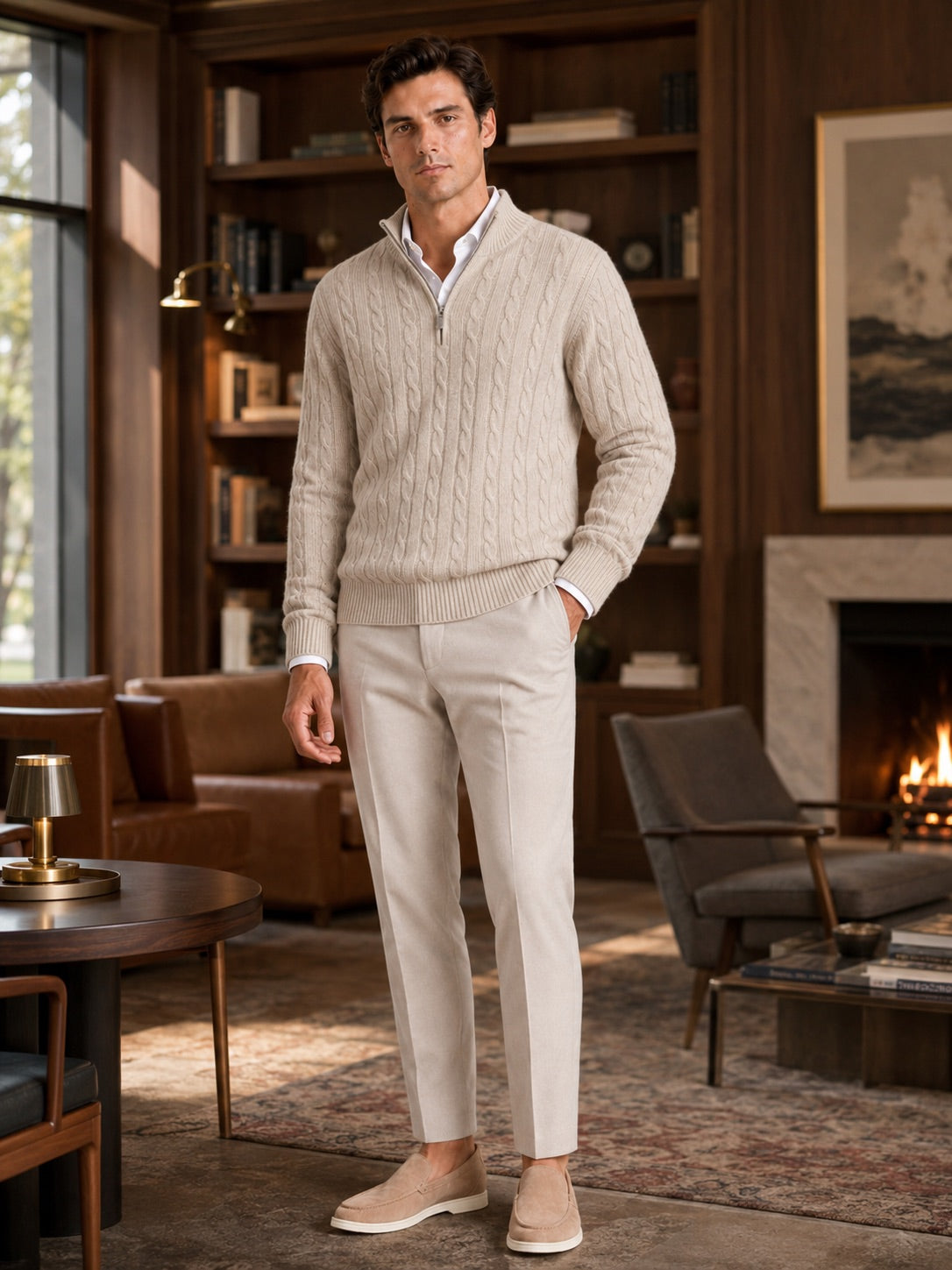 Men’s Cashmere Cable Knit Jumper Quarter Zip 100% Mock Neck Warm Autumn Winter Pullover for Business Casual and Everyday Wear