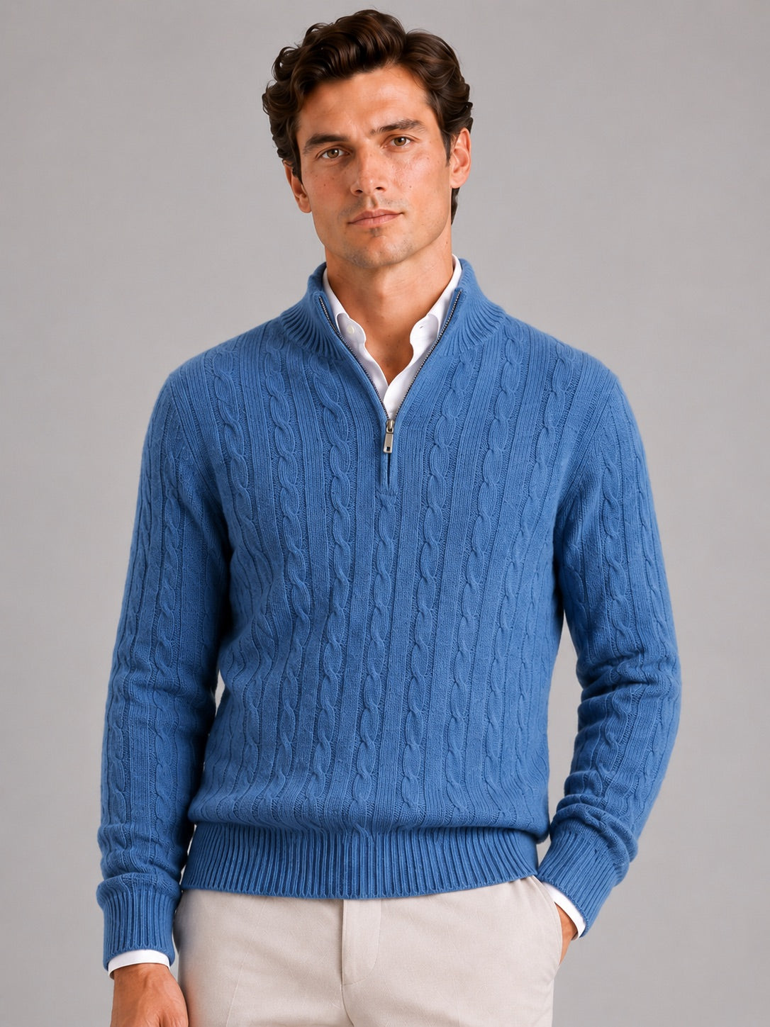 Men’s Cashmere Cable Knit Jumper Quarter Zip 100% Mock Neck Warm Autumn Winter Pullover for Business Casual and Everyday Wear