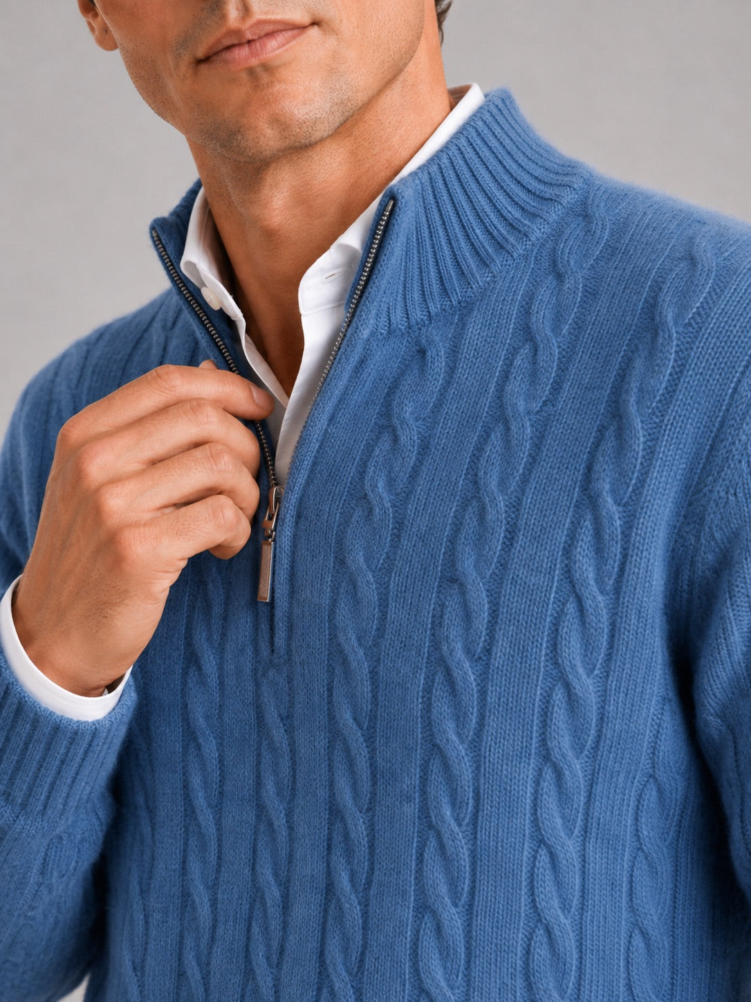 Men’s Cashmere Cable Knit Jumper Quarter Zip 100% Mock Neck Warm Autumn Winter Pullover for Business Casual and Everyday Wear