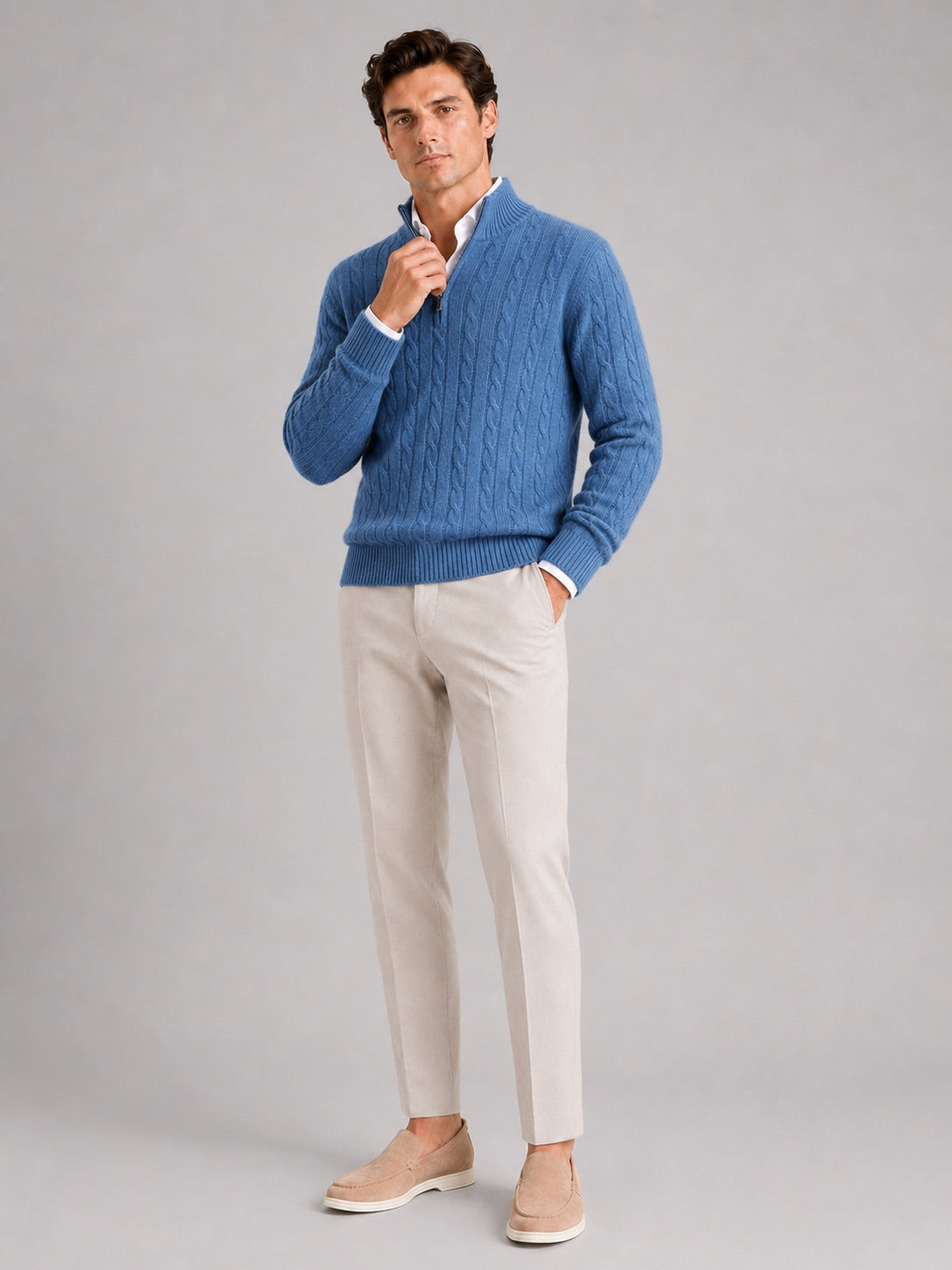 Men’s Cashmere Cable Knit Jumper Quarter Zip 100% Mock Neck Warm Autumn Winter Pullover for Business Casual and Everyday Wear