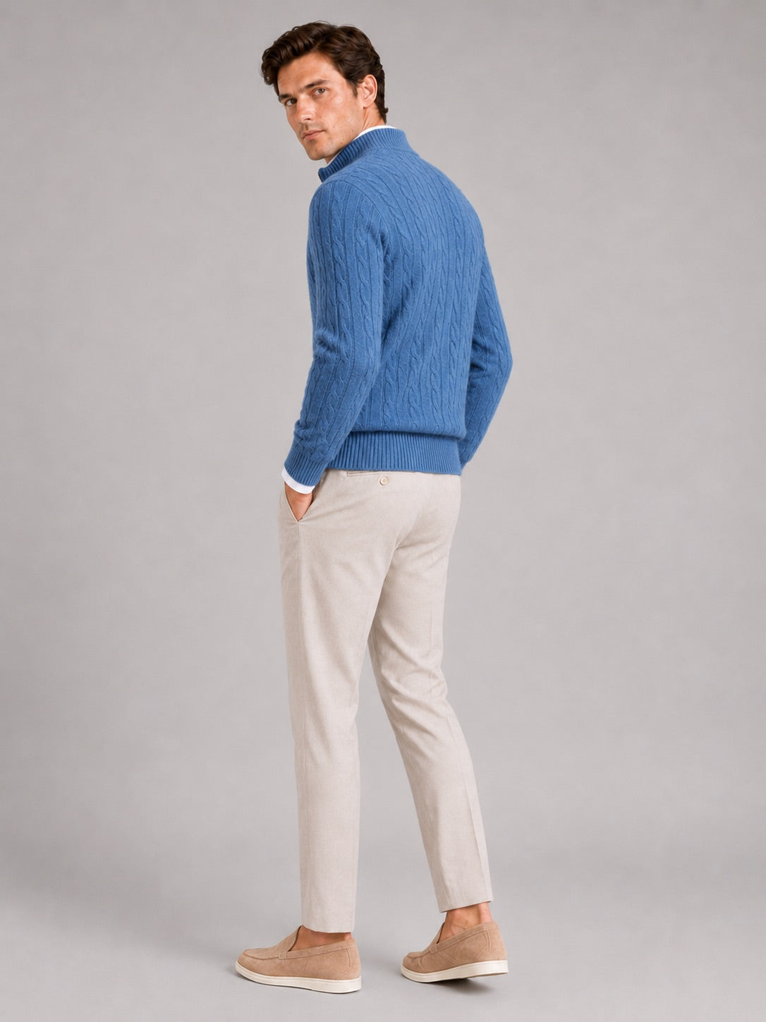 Men’s Cashmere Cable Knit Jumper Quarter Zip 100% Mock Neck Warm Autumn Winter Pullover for Business Casual and Everyday Wear