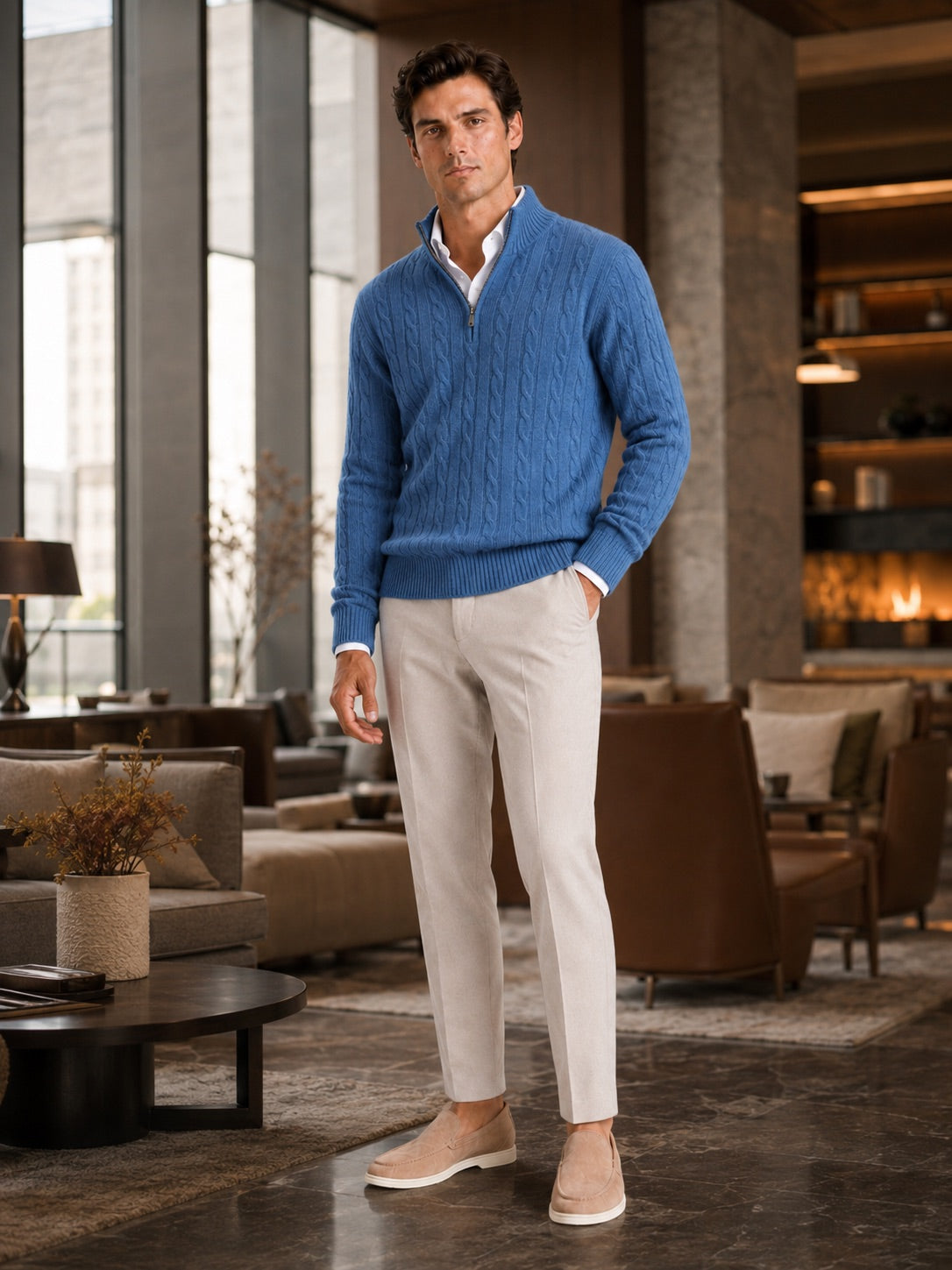 Men’s Cashmere Cable Knit Jumper Quarter Zip 100% Mock Neck Warm Autumn Winter Pullover for Business Casual and Everyday Wear