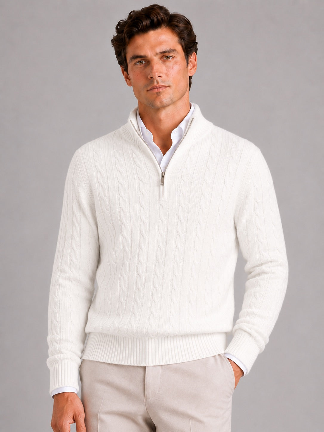 Men’s Cashmere Cable Knit Jumper Quarter Zip 100% Mock Neck Warm Autumn Winter Pullover for Business Casual and Everyday Wear