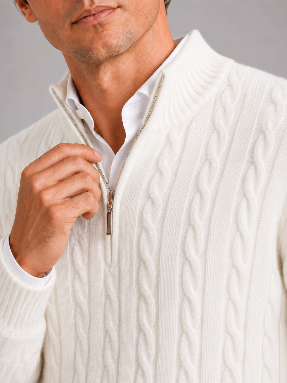 Men’s Cashmere Cable Knit Jumper Quarter Zip 100% Mock Neck Warm Autumn Winter Pullover for Business Casual and Everyday Wear