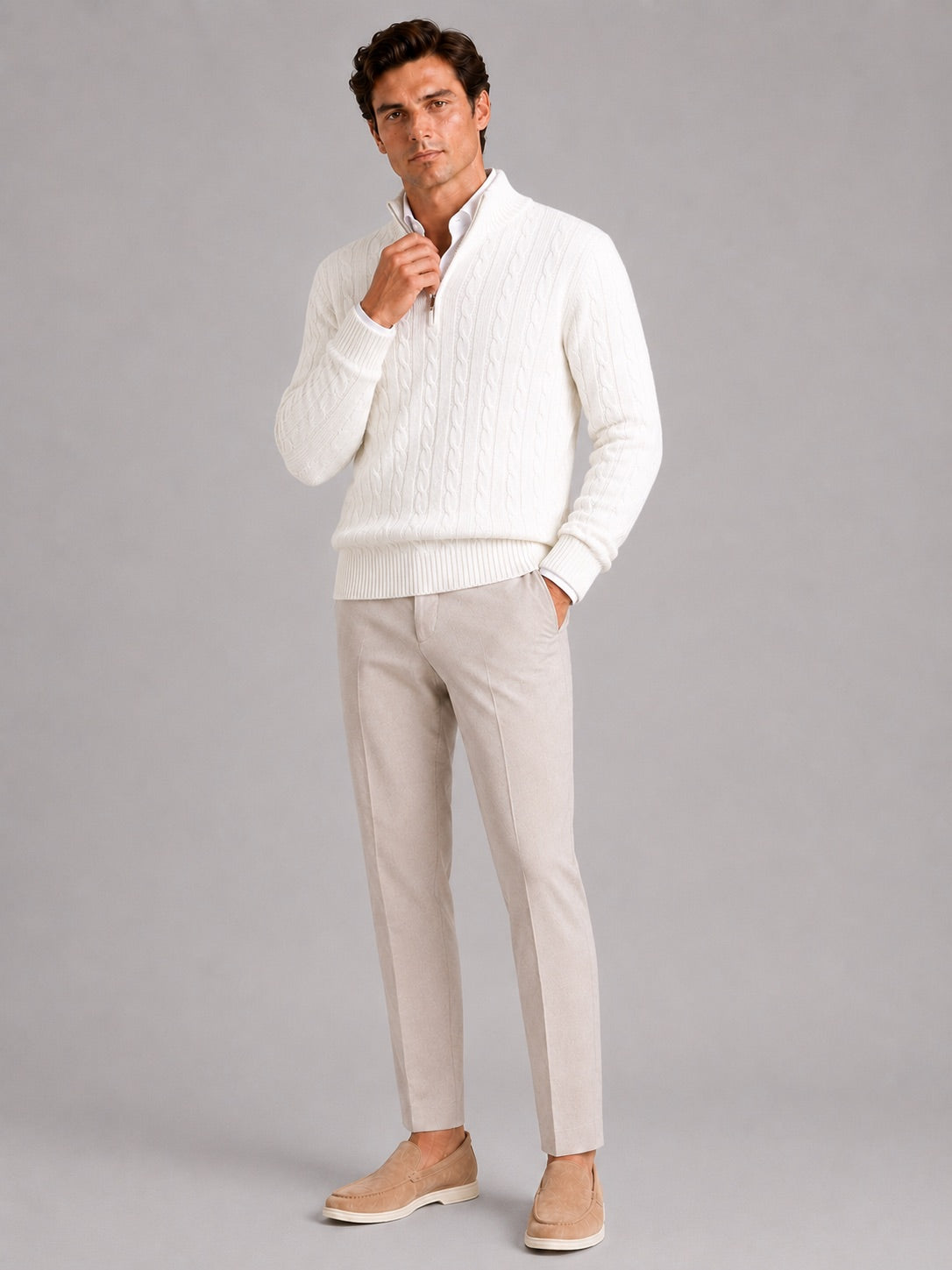 Men’s Cashmere Cable Knit Jumper Quarter Zip 100% Mock Neck Warm Autumn Winter Pullover for Business Casual and Everyday Wear