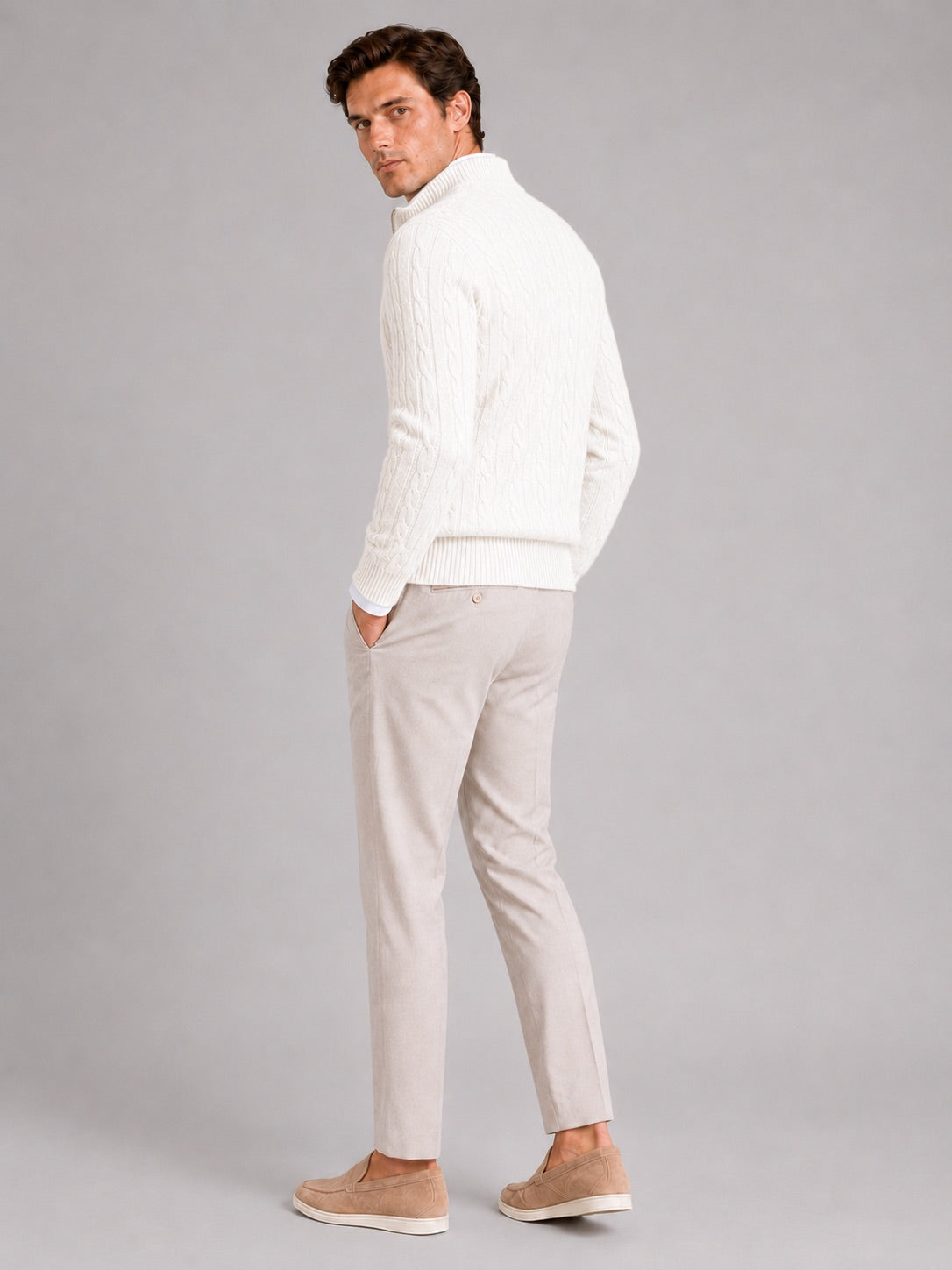 Men’s Cashmere Cable Knit Jumper Quarter Zip 100% Mock Neck Warm Autumn Winter Pullover for Business Casual and Everyday Wear