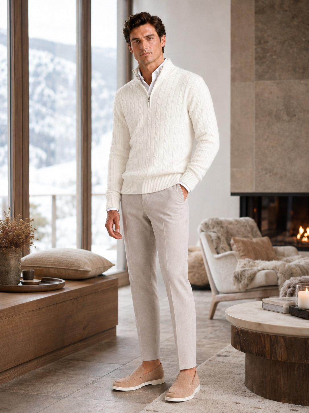 Men’s Cashmere Cable Knit Jumper Quarter Zip 100% Mock Neck Warm Autumn Winter Pullover for Business Casual and Everyday Wear