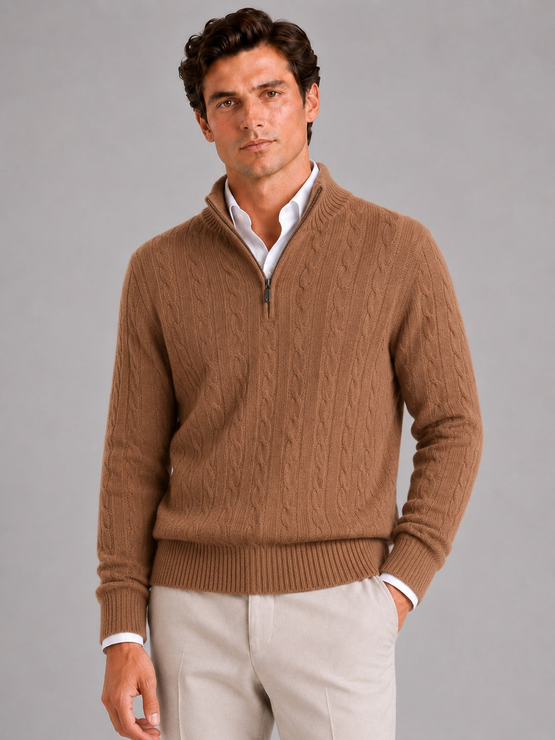 Men’s Cashmere Cable Knit Jumper Quarter Zip 100% Mock Neck Warm Autumn Winter Pullover for Business Casual and Everyday Wear