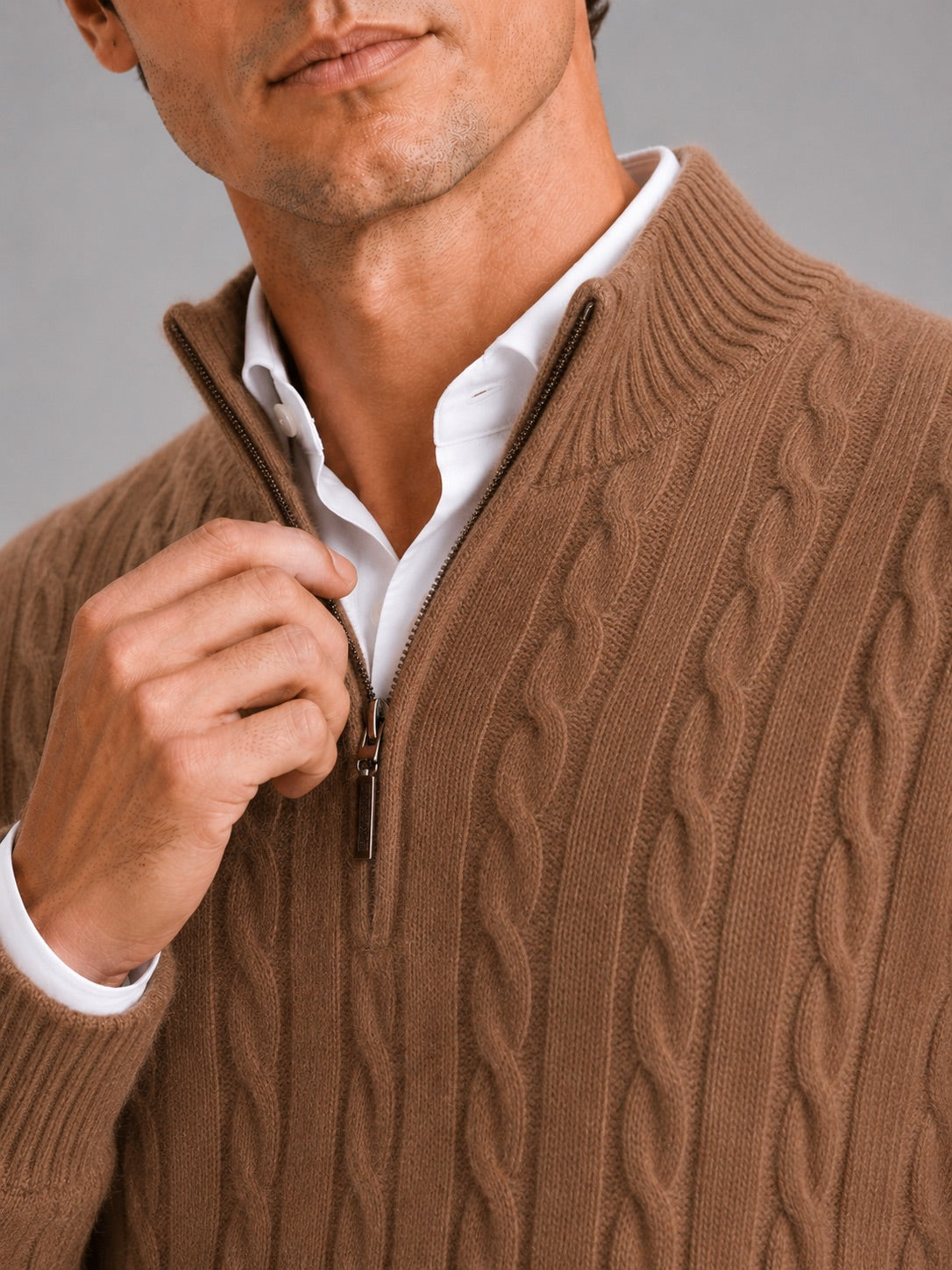 Men’s Cashmere Cable Knit Jumper Quarter Zip 100% Mock Neck Warm Autumn Winter Pullover for Business Casual and Everyday Wear