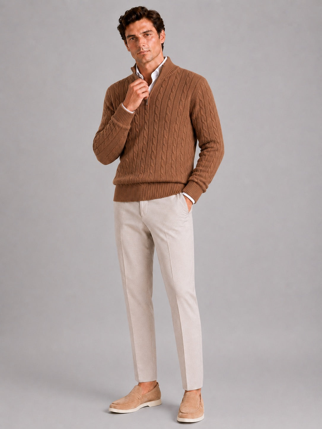 Men’s Cashmere Cable Knit Jumper Quarter Zip 100% Mock Neck Warm Autumn Winter Pullover for Business Casual and Everyday Wear