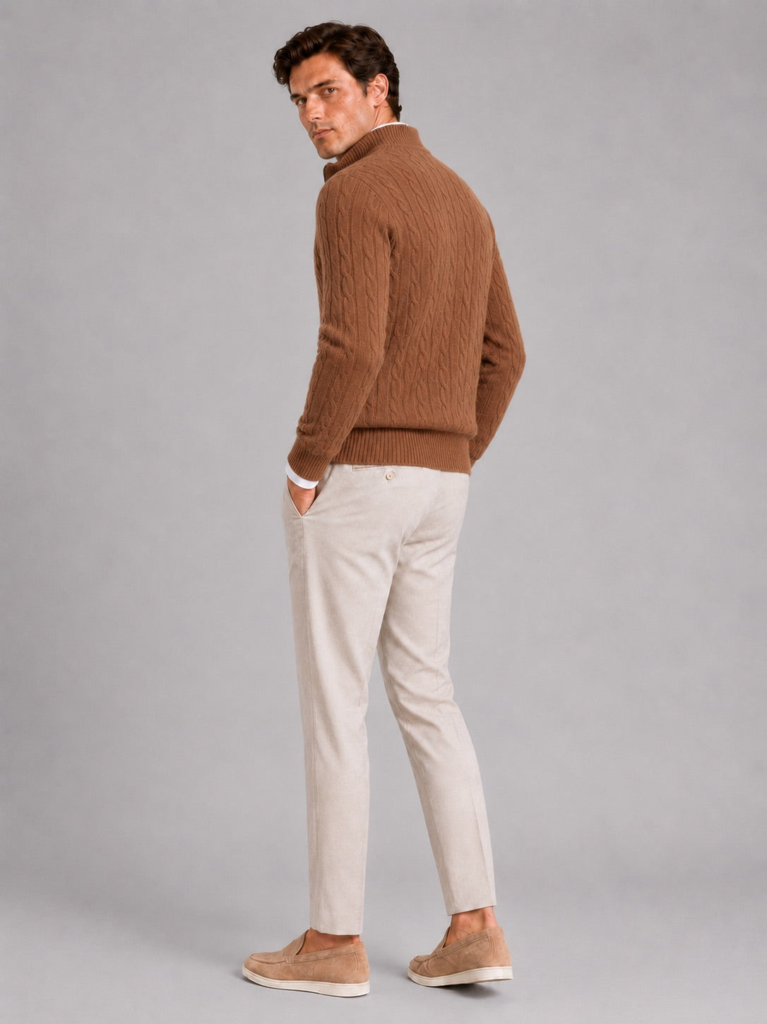 Men’s Cashmere Cable Knit Jumper Quarter Zip 100% Mock Neck Warm Autumn Winter Pullover for Business Casual and Everyday Wear