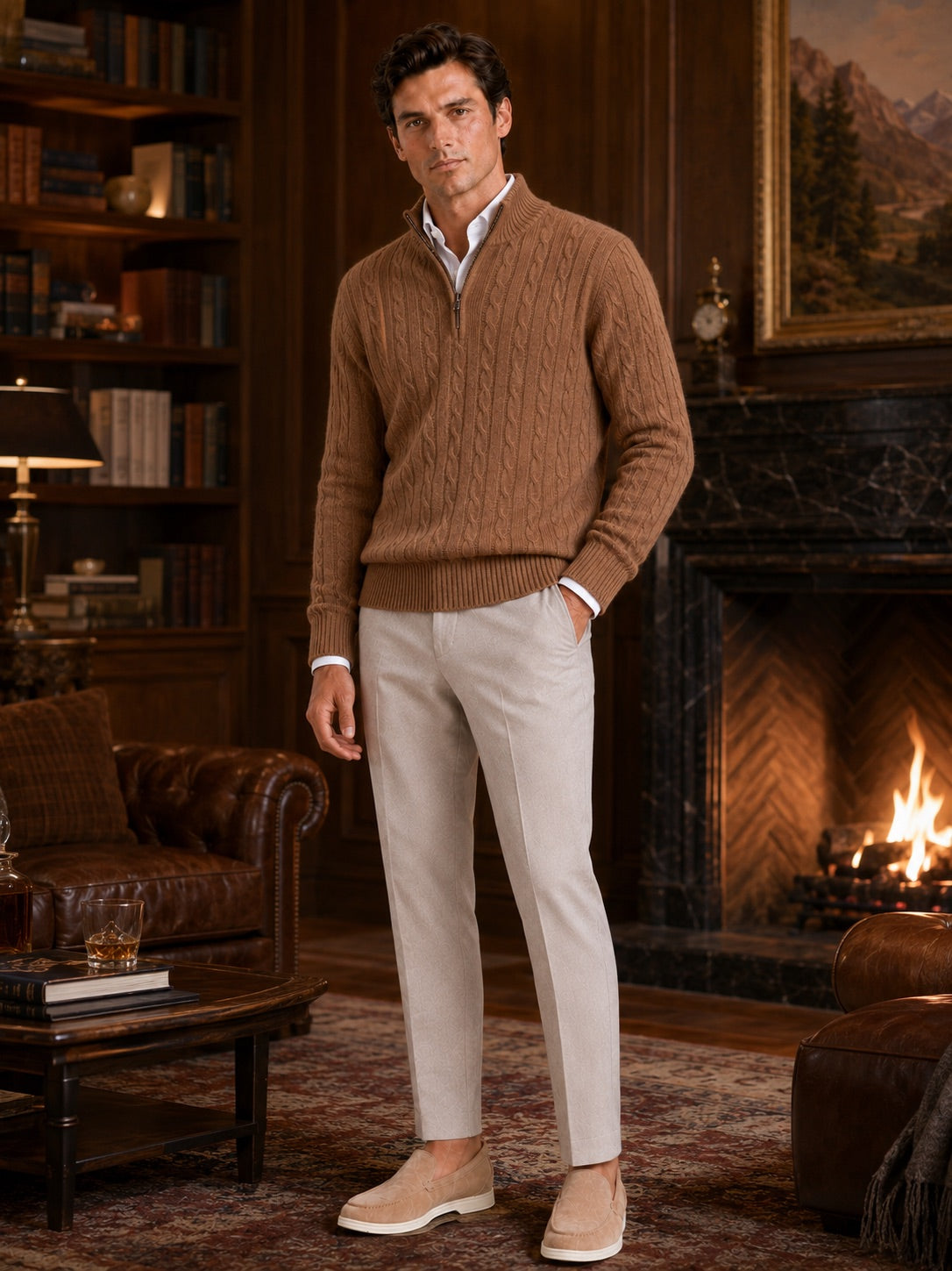 Men’s Cashmere Cable Knit Jumper Quarter Zip 100% Mock Neck Warm Autumn Winter Pullover for Business Casual and Everyday Wear