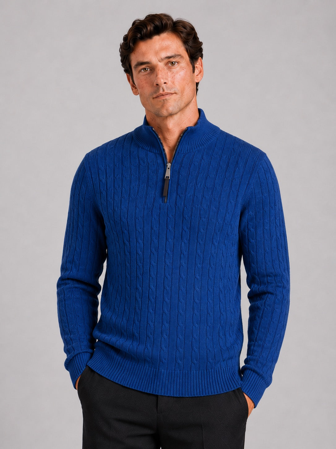 Men’s Cable Knit Pullover Jumper Mock Neck Quarter Zip Warm Autumn Winter Knitwear for Casual and Business Casual Wear
